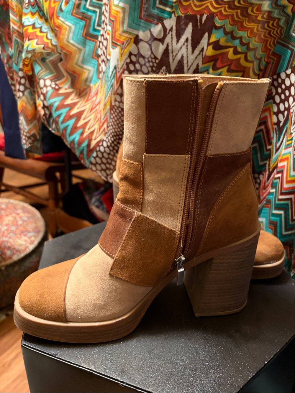 Womens Patchwork SuedeLike Block Heel Ankle Boots - Brown/Tan - Picture 2 of 6